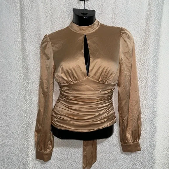Badgley Mischka champagne satin blouse shirt top XS 2 Rent the runway repair - Picture 2 of 13